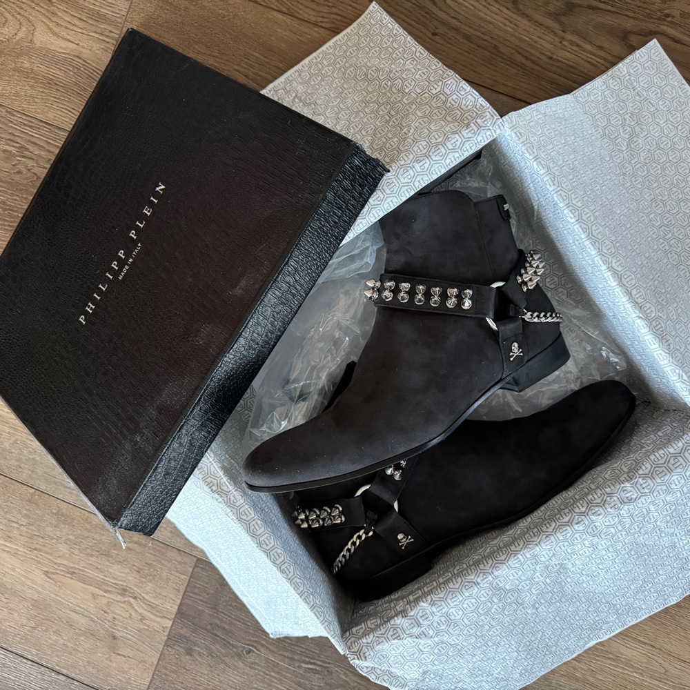 Philipp Plein Black Suede Studded Boots EU 44 / US 11